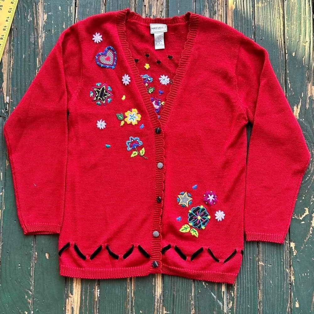Red‎ embroidered cardigan with black ribbon trim cardigan #grannycore